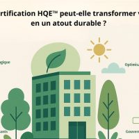 Illustration des bénéfices de la certification HQE™ pour un bâtiment durable : écologie, bien-être, économie et gouvernance responsable