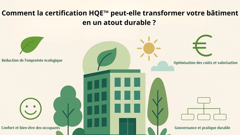 Illustration des bénéfices de la certification HQE™ pour un bâtiment durable : écologie, bien-être, économie et gouvernance responsable