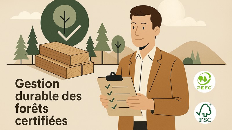 Illustration de la gestion durable des forêts avec certifications PEFC et FSC