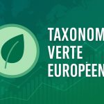 Illustration de la taxonomie verte européenne avec une feuille et des graphiques financiers