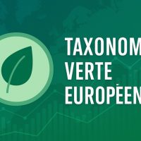 Illustration de la taxonomie verte européenne avec une feuille et des graphiques financiers
